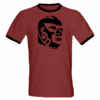 Black Print on a Brick Red and Black Ringer Shirt- $18